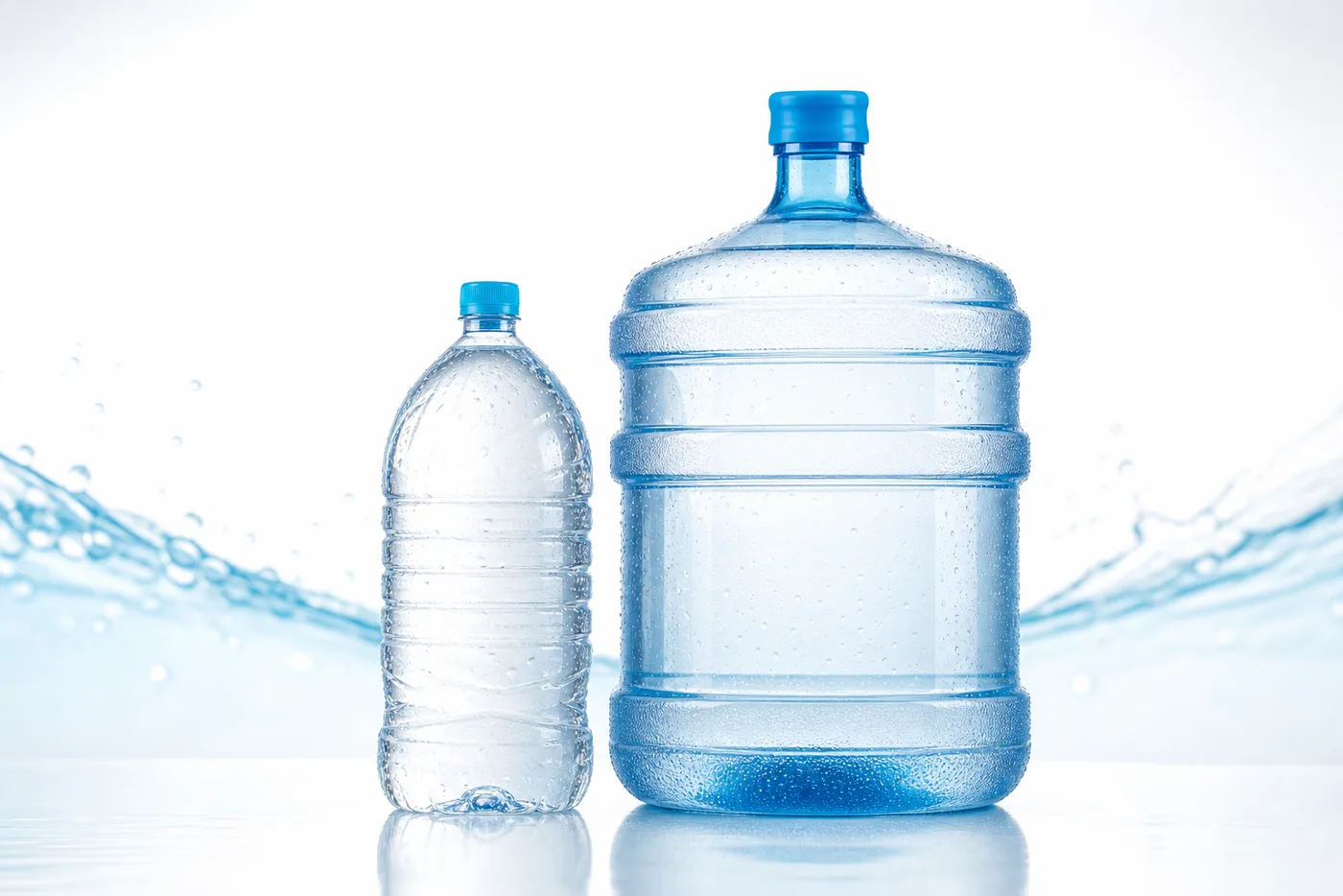 Botellón y botella de agua sobre un fondo claro